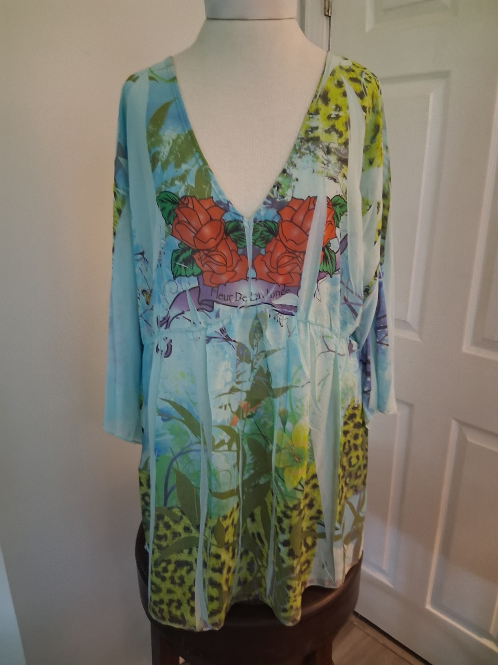 Floral V-Neck Tunic Top in Light Blue with Red Rose Accent